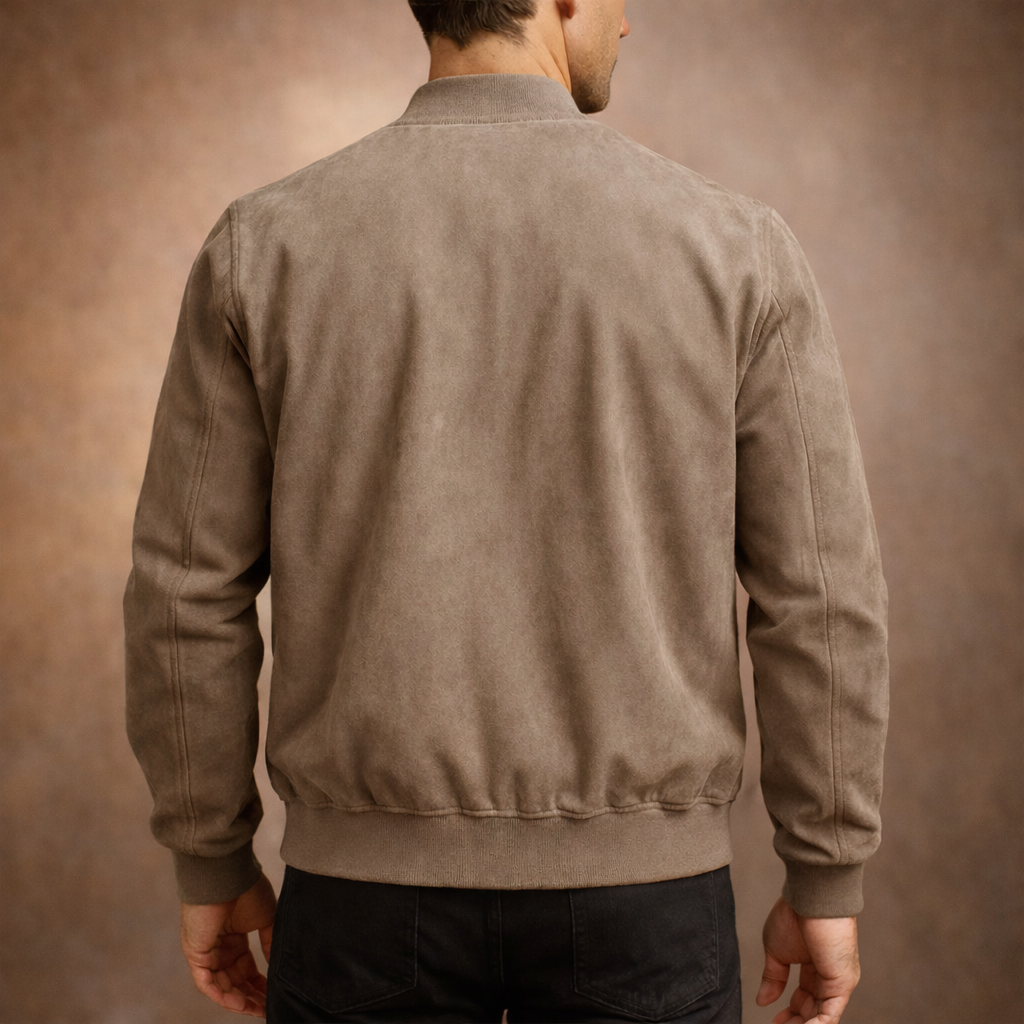 Men’s suede-look bomber jacket shown from the front
