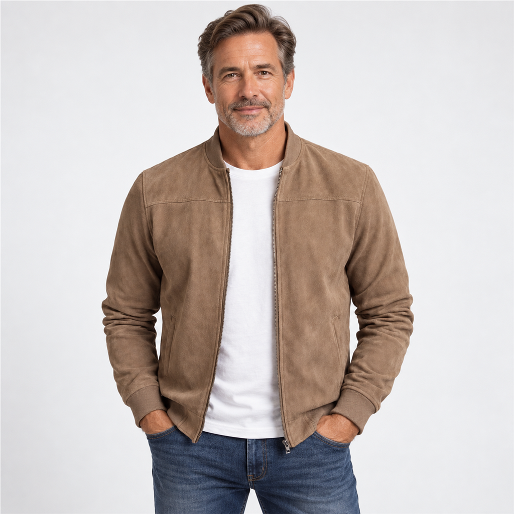 Man aged around 50 wearing a beige suede-look bomber jacket
