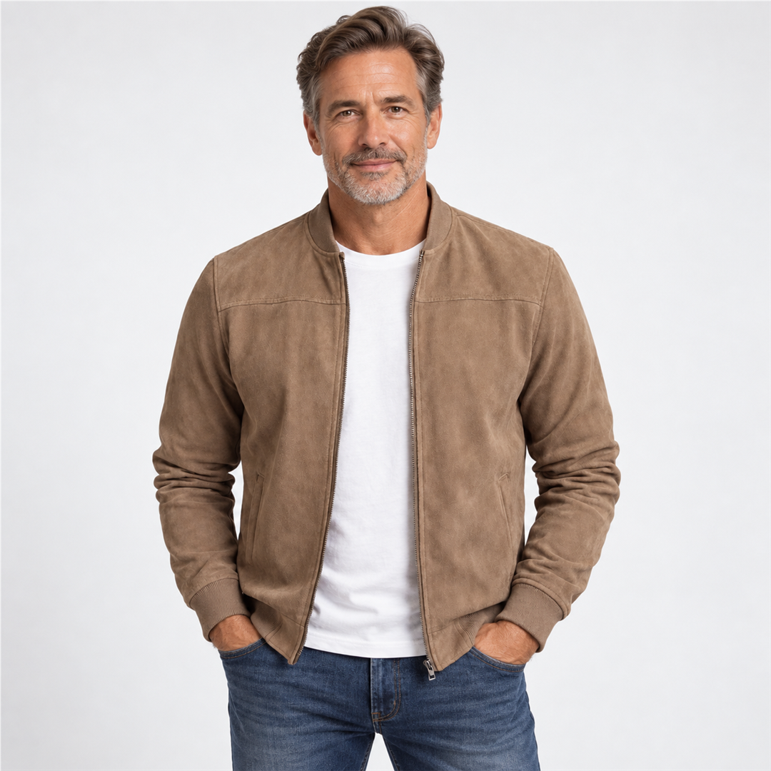 Man aged around 50 wearing a beige suede-look bomber jacket