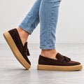 Men's Tassel Loafers - Suede-Look Upper and Tan Sole shown in natural daylight