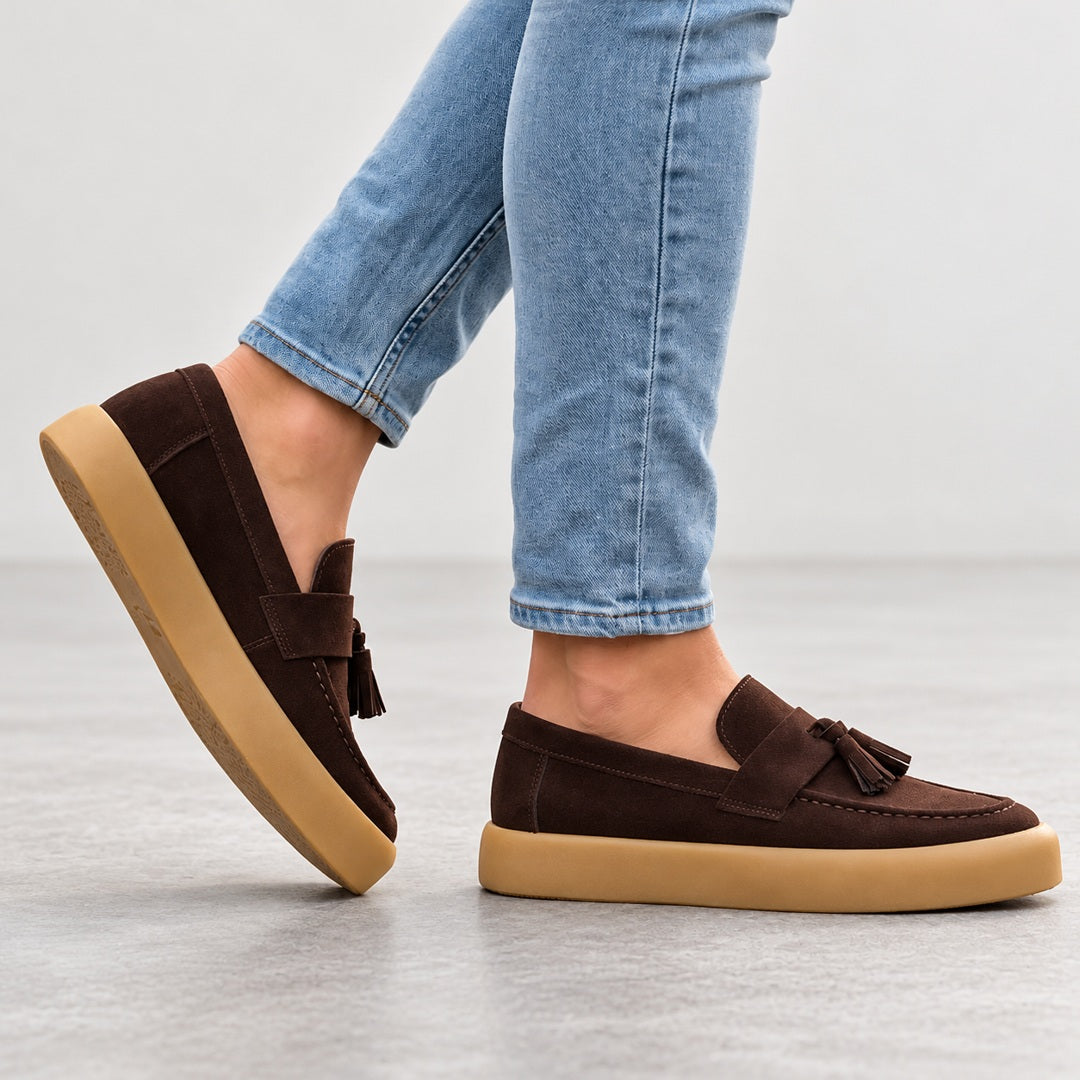 Men's Tassel Loafers - Suede-Look Upper and Tan Sole shown in natural daylight