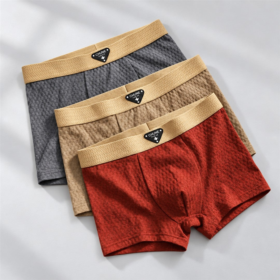 Grey, tan and brick-red textured boxer briefs with gold waistbands
