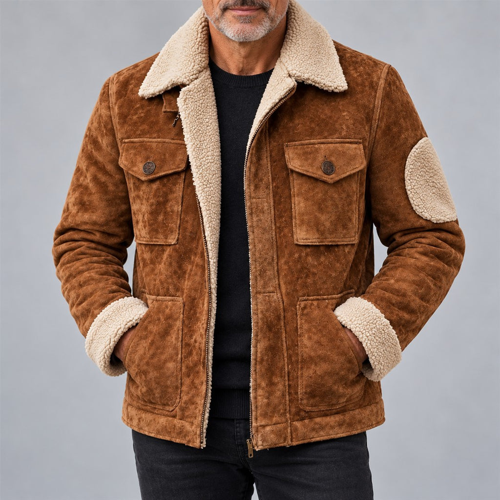 Men's Utility Jacket - Contrast-Collar Multi-Pocket Outerwear worn by an older model against a light grey background
