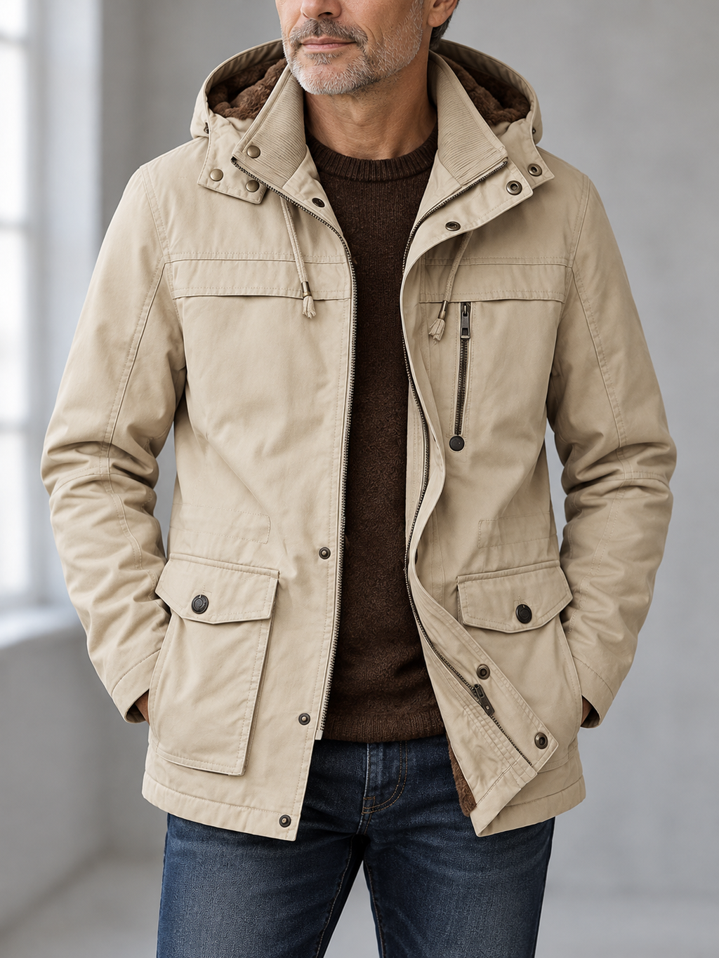 Older male model wearing a beige hooded utility jacket