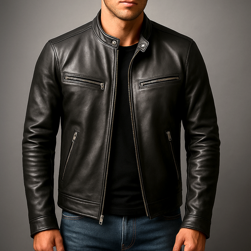 Men’s vintage leather jacket with front zip fastening