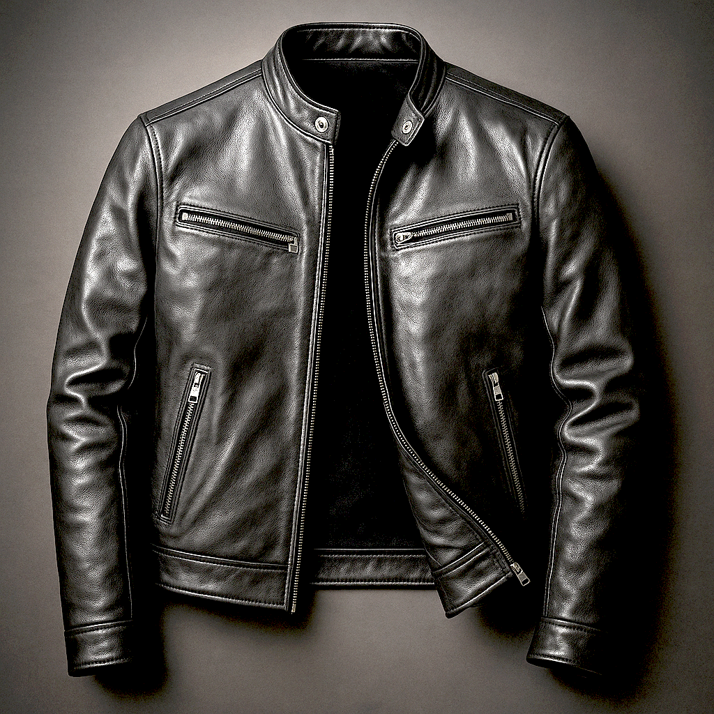 Men’s leather jacket pocket and zip details