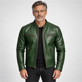 Man aged around 50 wearing a green vintage leather zip jacket