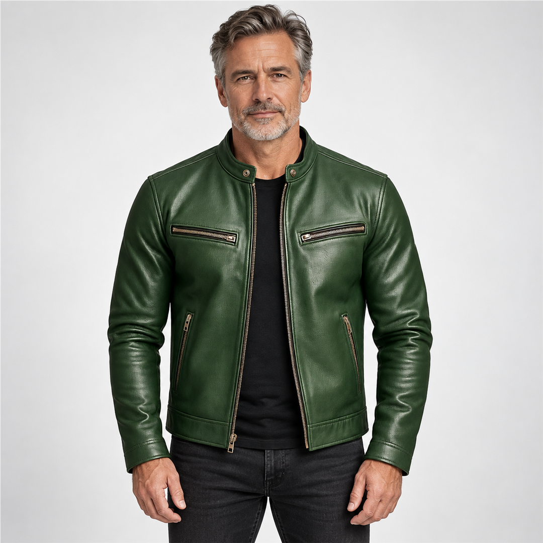 Man aged around 50 wearing a green vintage leather zip jacket