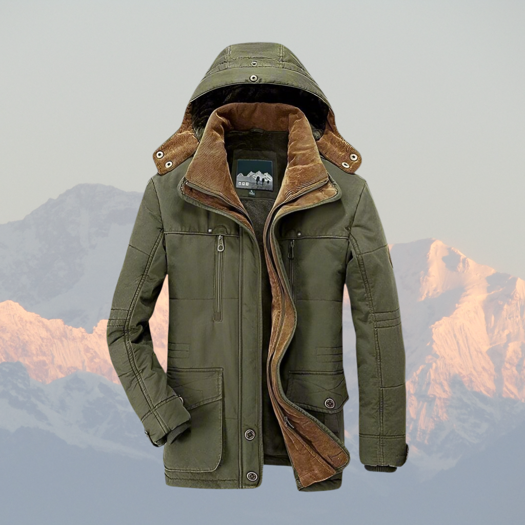 Men’s hooded winter parka shown from the front and back