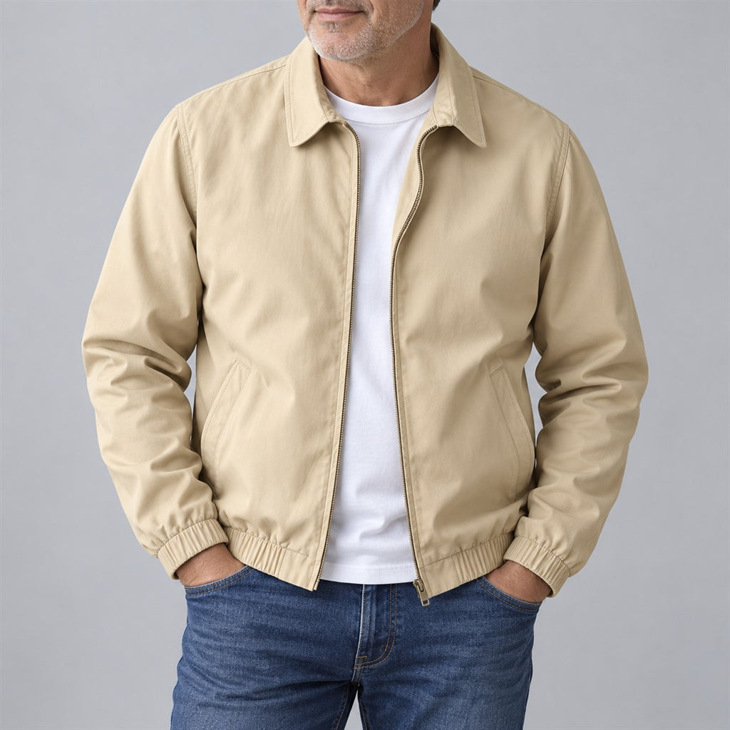 Men's Zip-Up Jacket - Ribbed-Cuff Outerwear worn by an older model against a light grey background