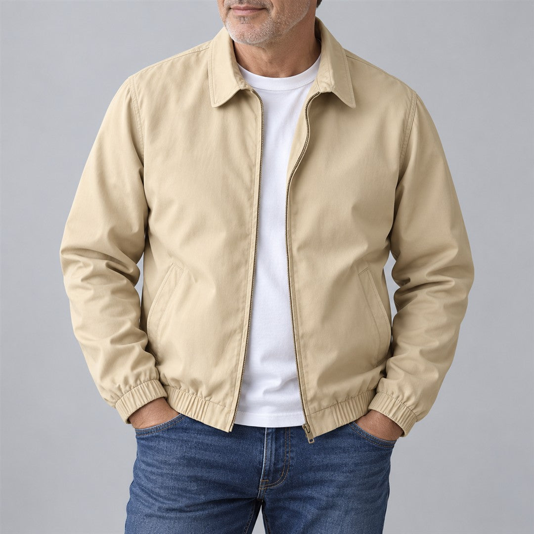 Men's Zip-Up Jacket - Ribbed-Cuff Outerwear worn by an older model against a light grey background