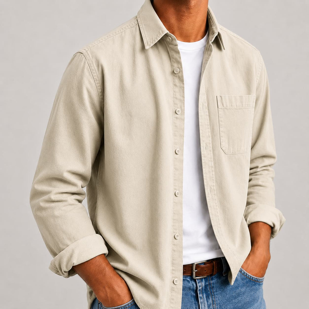 Men's Button-Up Shirt- Long-Sleeve Chest-Pocket Top