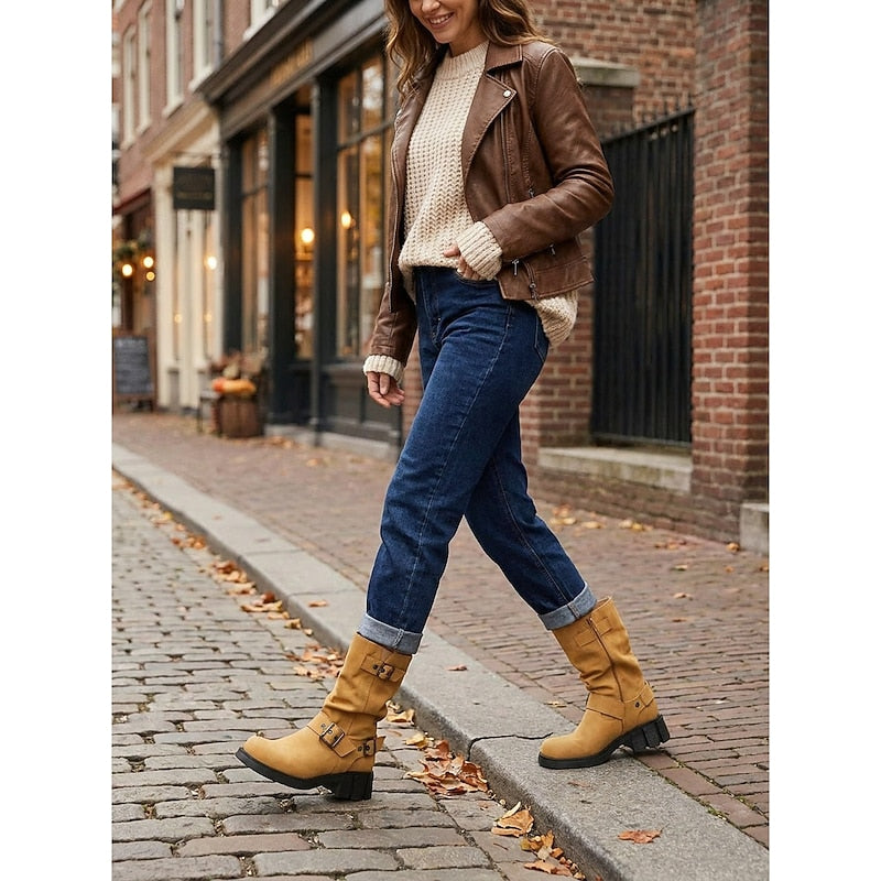 Women's Buckle Biker Boots - Mid-Calf Lug Sole Boots