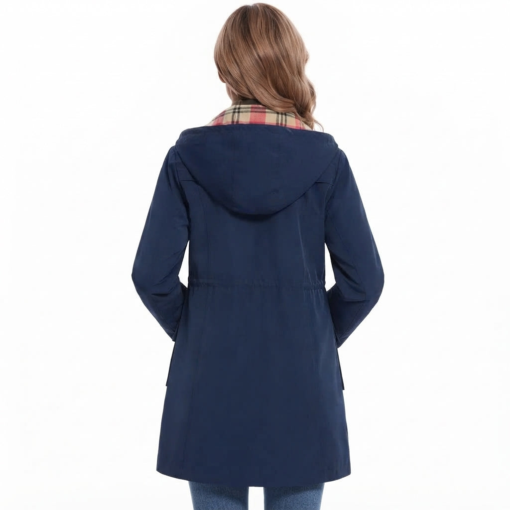 Women's Hooded Coat- Check Lining and Waist Drawcord