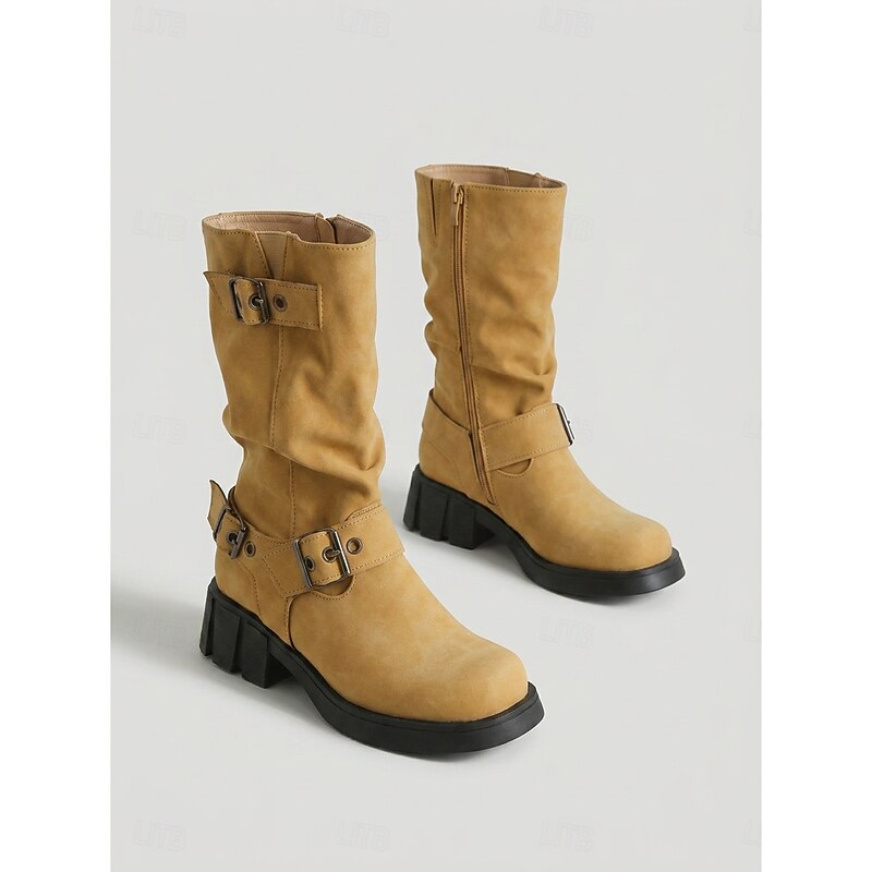 Women's Buckle Biker Boots - Mid-Calf Lug Sole Boots