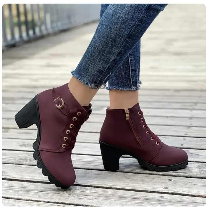 Women's Lace-Up Ankle Boots- Block Heel and Side Zip