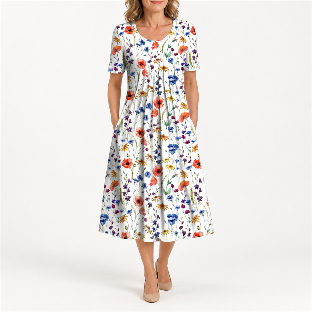 Scarlett multicolour floral midi dress on a mature woman