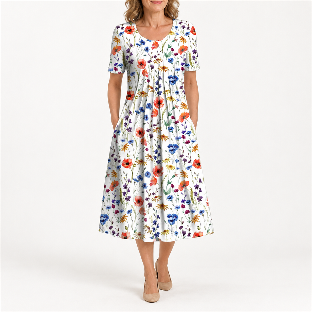 Scarlett multicolour floral midi dress on a mature woman