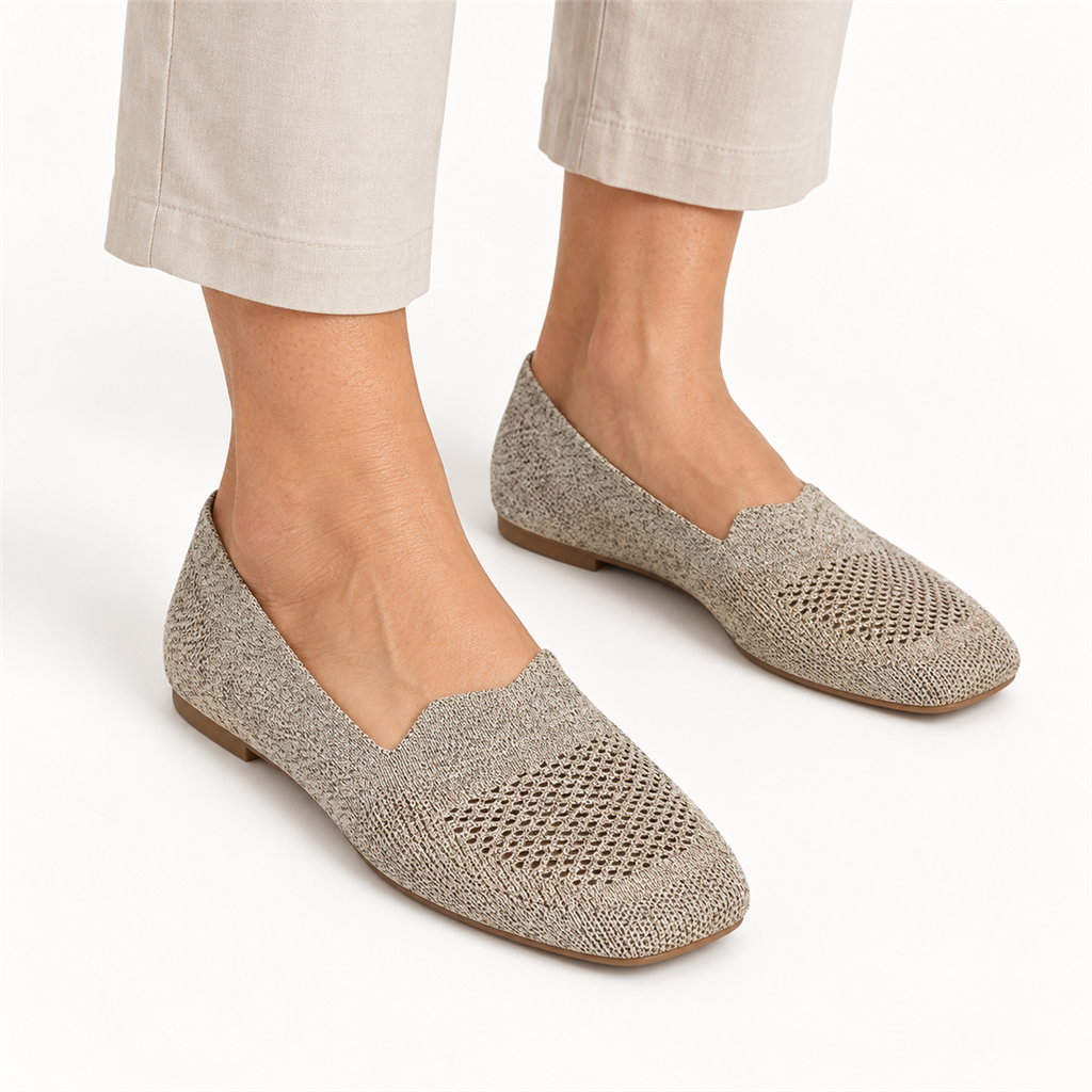 Serena beige knitted slip-on shoes on model