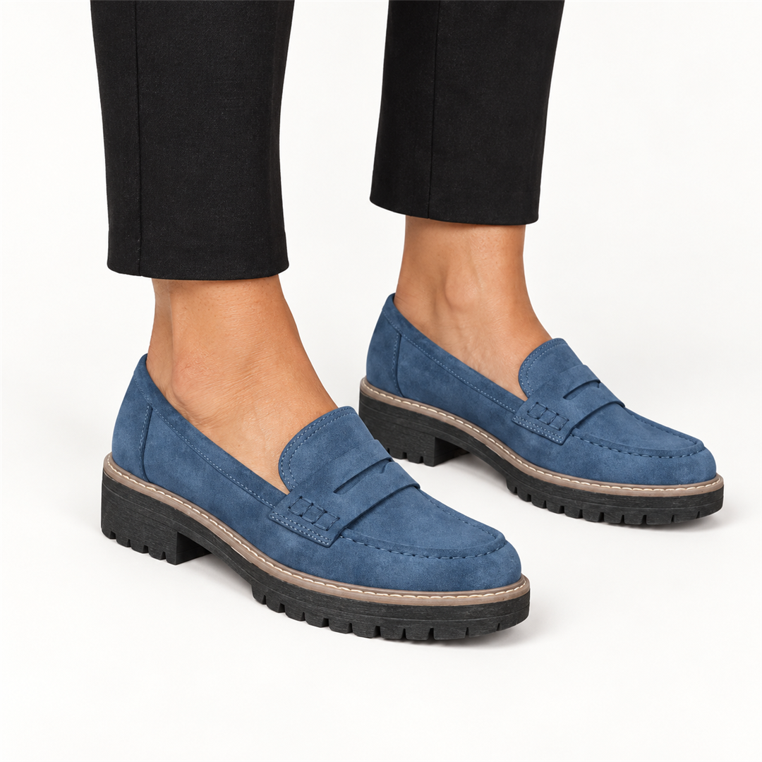 Skylar blue slip-on loafers on model