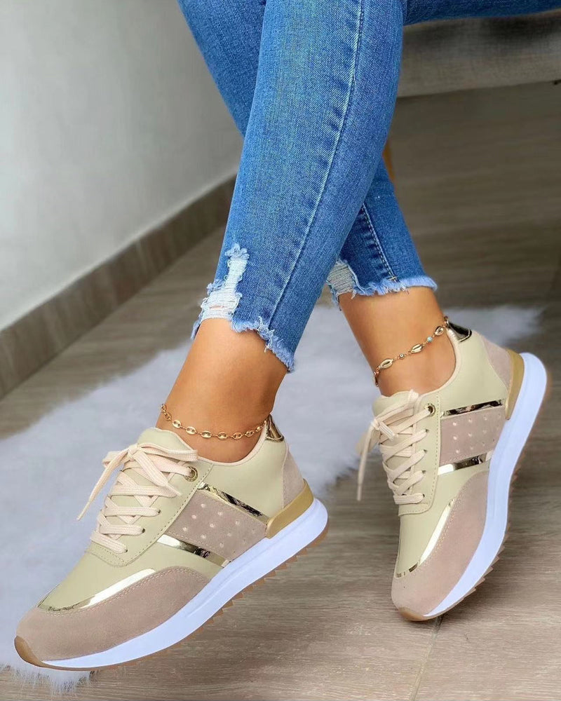 Women's Studded Wedge Trainers- Lace-Up Panelled Shoes