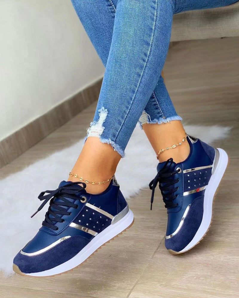 Women's Studded Wedge Trainers- Lace-Up Panelled Shoes