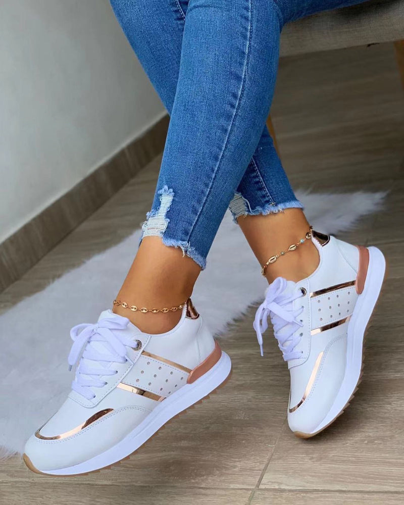 Women's Studded Wedge Trainers- Lace-Up Panelled Shoes