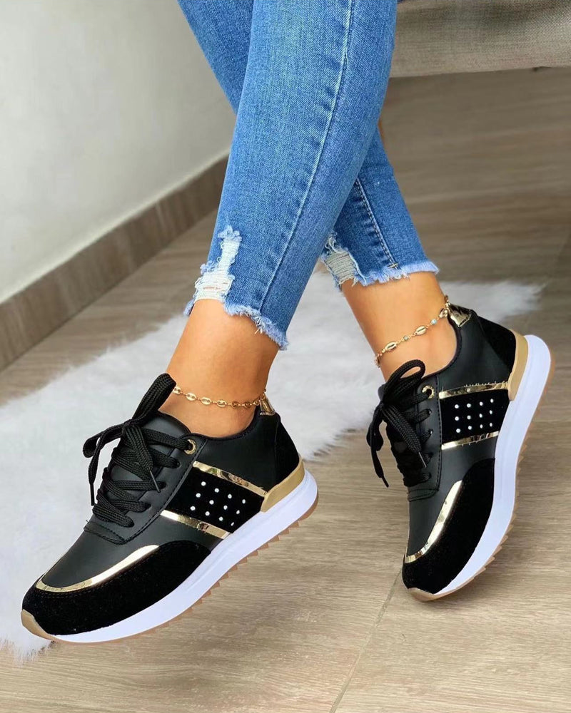 Women's Studded Wedge Trainers- Lace-Up Panelled Shoes