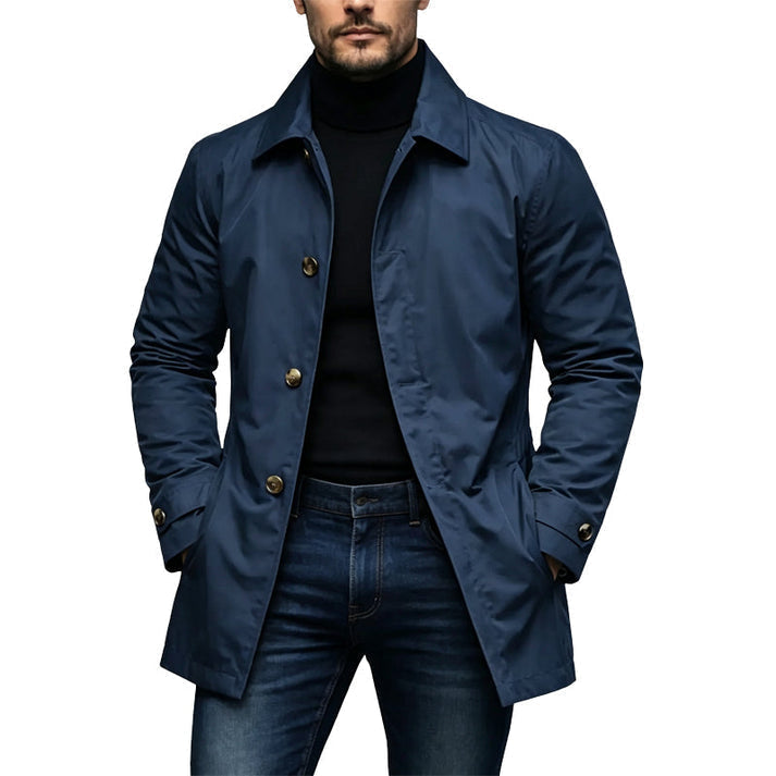Men's Mid-Length Jacket- Button Front and Hip-Length Cut