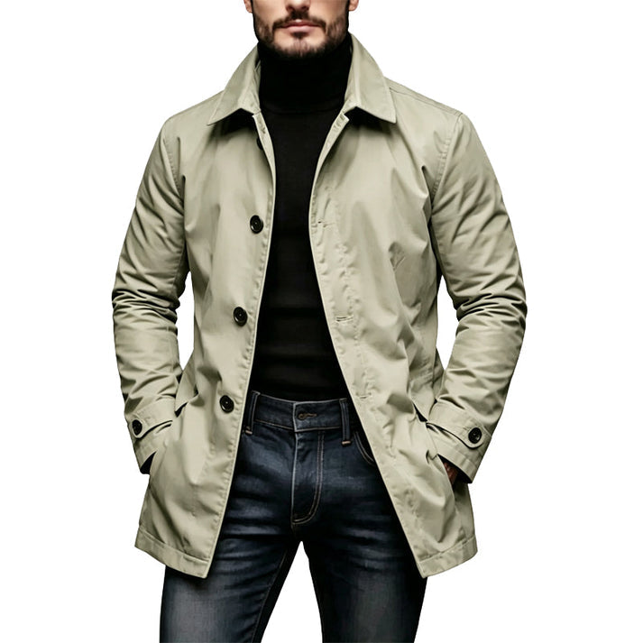 Men's Mid-Length Jacket- Button Front and Hip-Length Cut