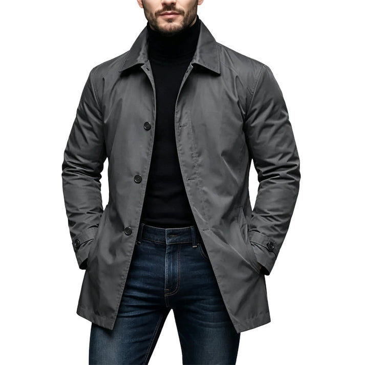 Men's Mid-Length Jacket- Button Front and Hip-Length Cut