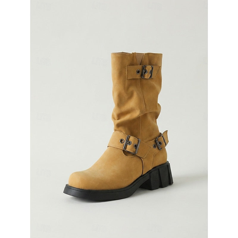 Women's Buckle Biker Boots - Mid-Calf Lug Sole Boots