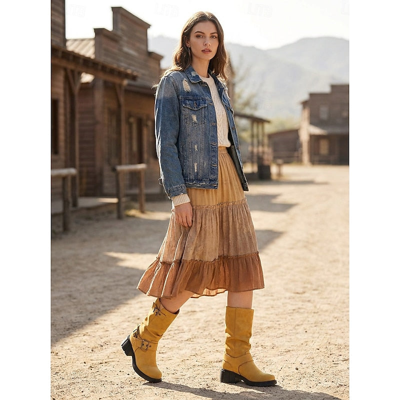 Women's Buckle Biker Boots - Mid-Calf Lug Sole Boots