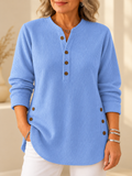 Women's light blue ribbed Henley-neck tunic top