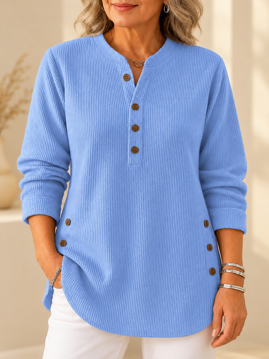 Women's light blue ribbed Henley-neck tunic top