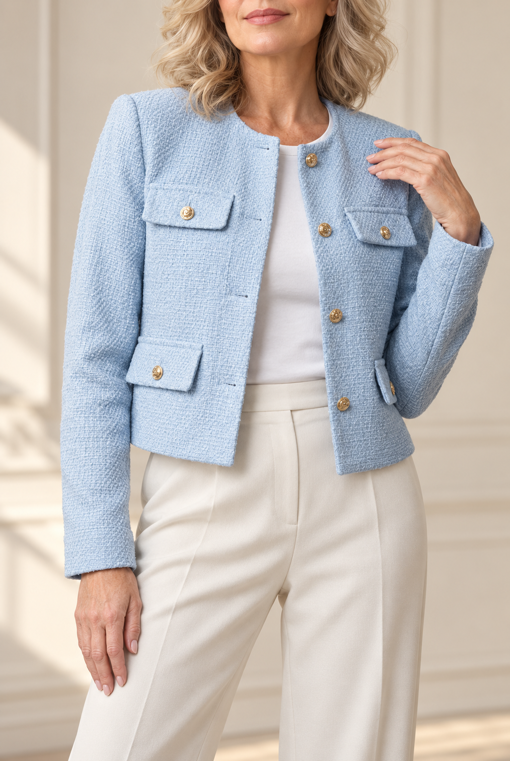 Women's light blue cropped tweed blazer