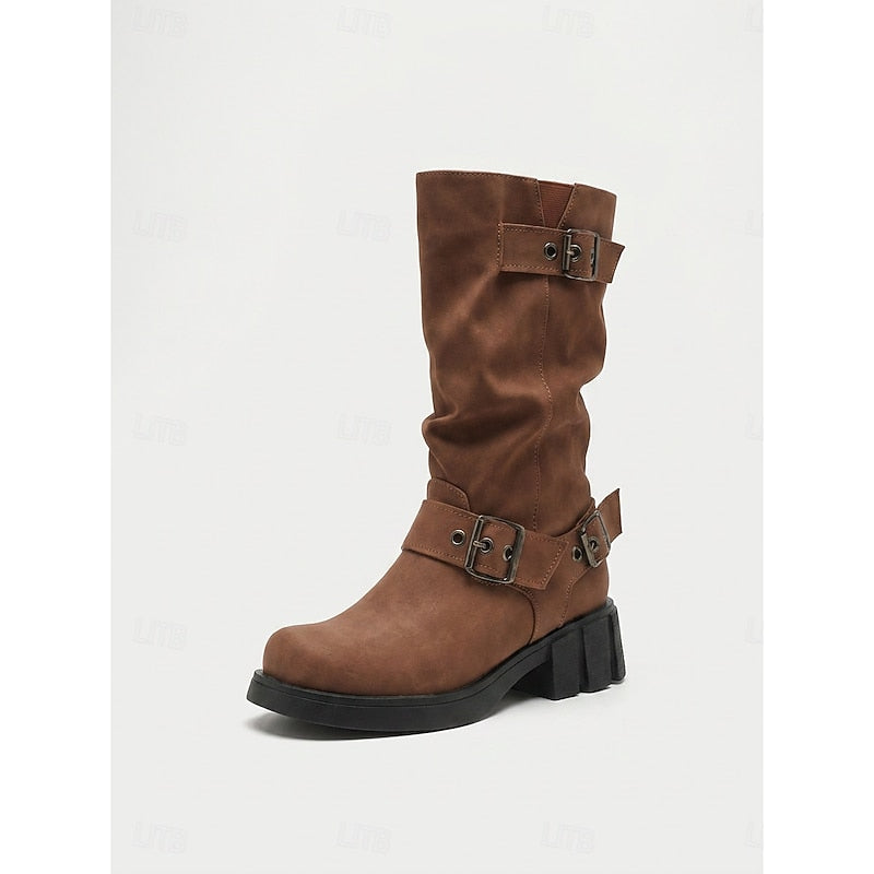 Women's Buckle Biker Boots - Mid-Calf Lug Sole Boots