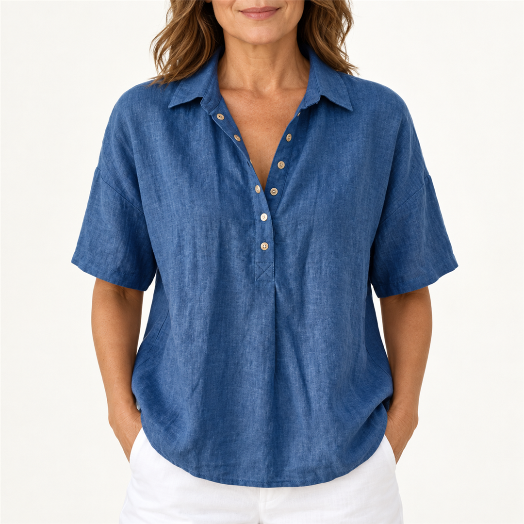 Waverly blue button collar shirt on model