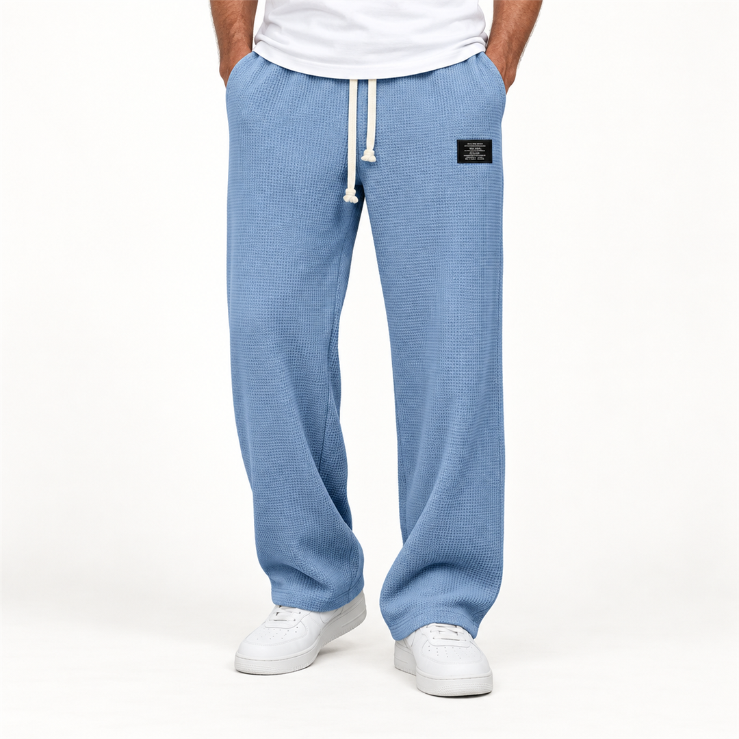 Wesley sky blue drawstring trousers on model
