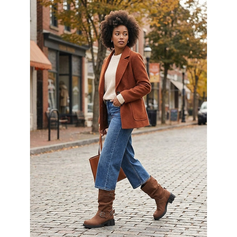 Women's Buckle Biker Boots - Mid-Calf Lug Sole Boots