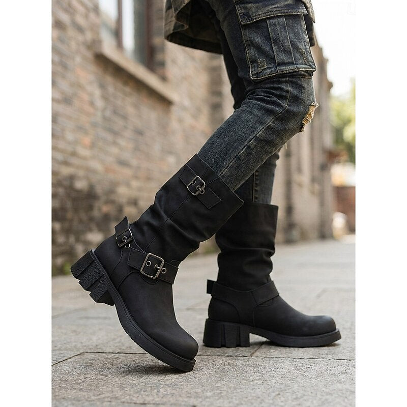 Women's Buckle Biker Boots - Mid-Calf Lug Sole Boots