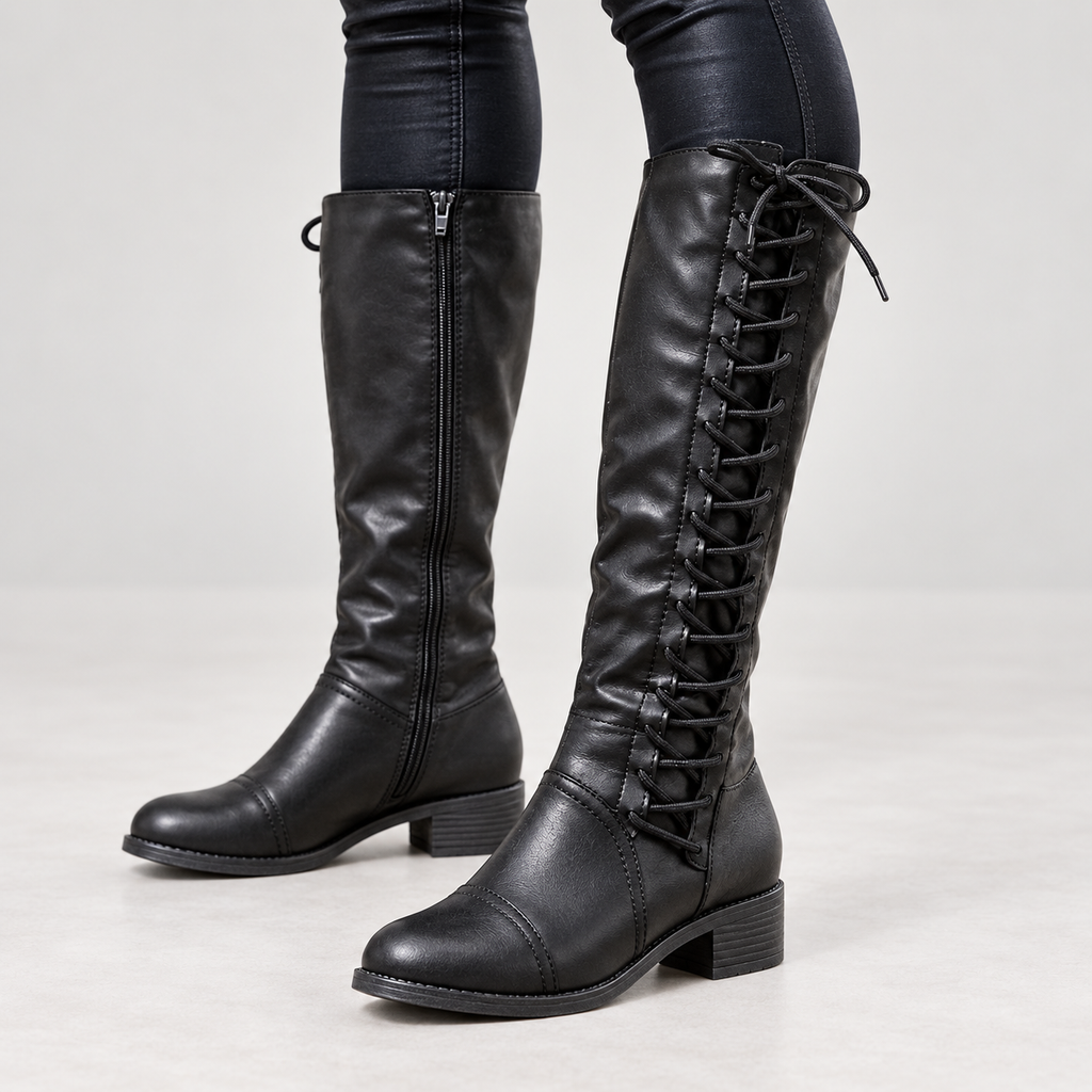 Women's Knee-High Boots - Lace-Up Combat-Style Shoes