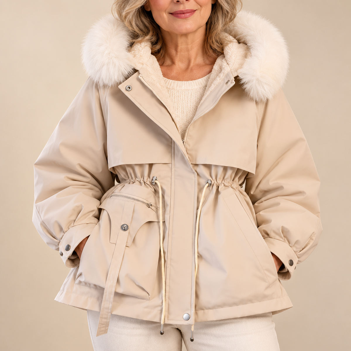 Women's Padded Jacket - Faux-Fur Trim Hooded Coat