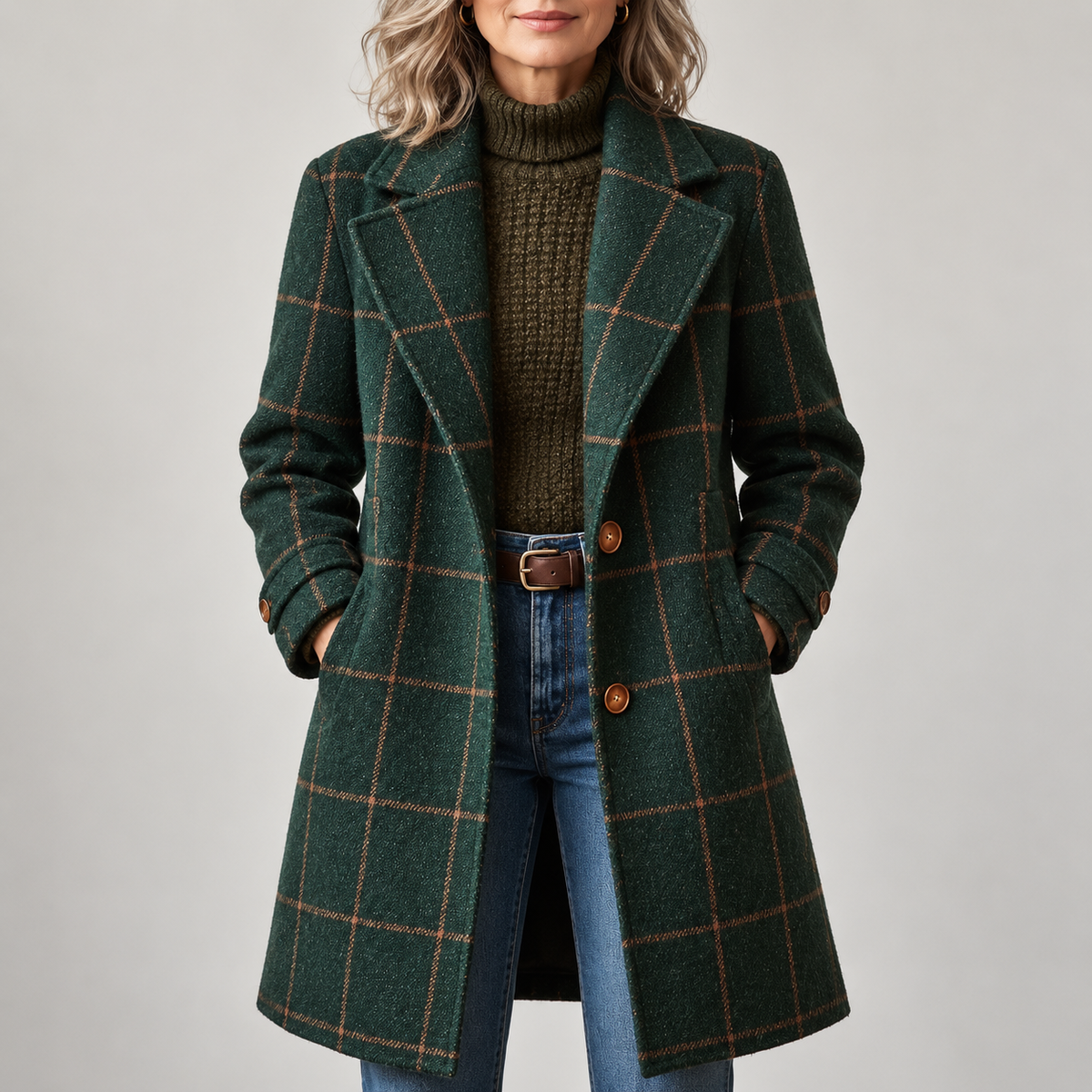 Women's Plaid Tweed Coat - Lapel Button-Front Outerwear