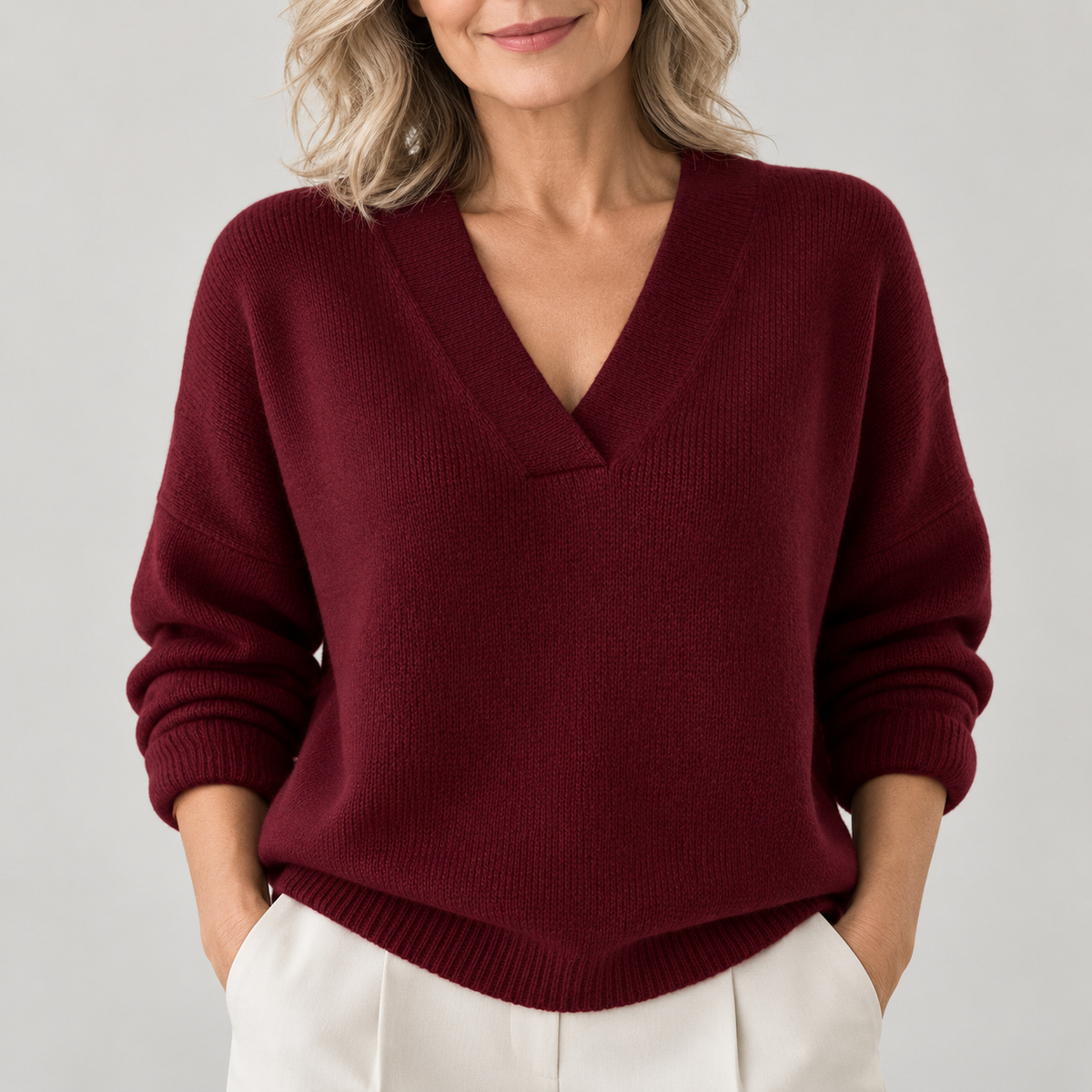 Women's V-Neck Jumper - Relaxed Long-Sleeve Knit