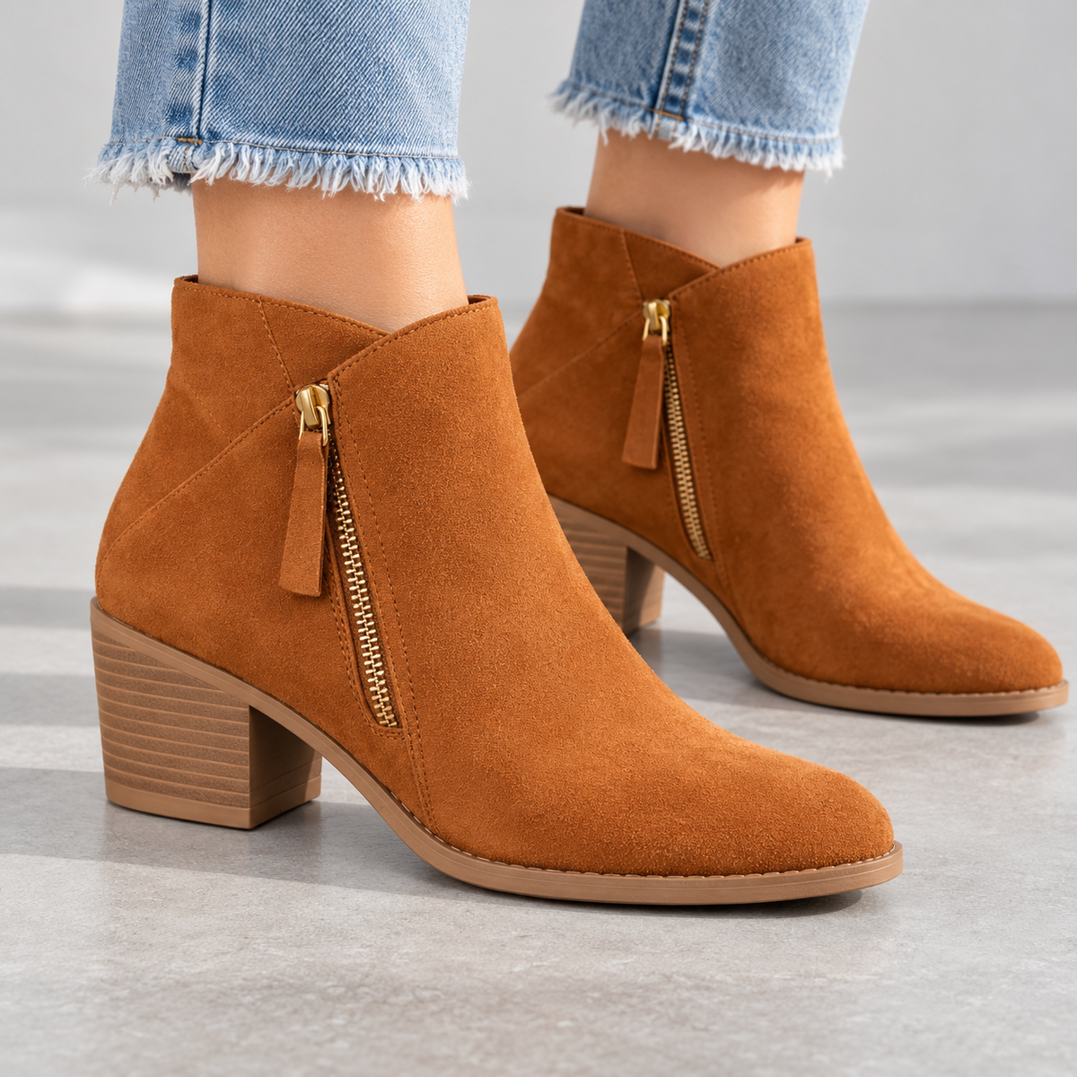 Women's tan block-heel ankle boots with side zip