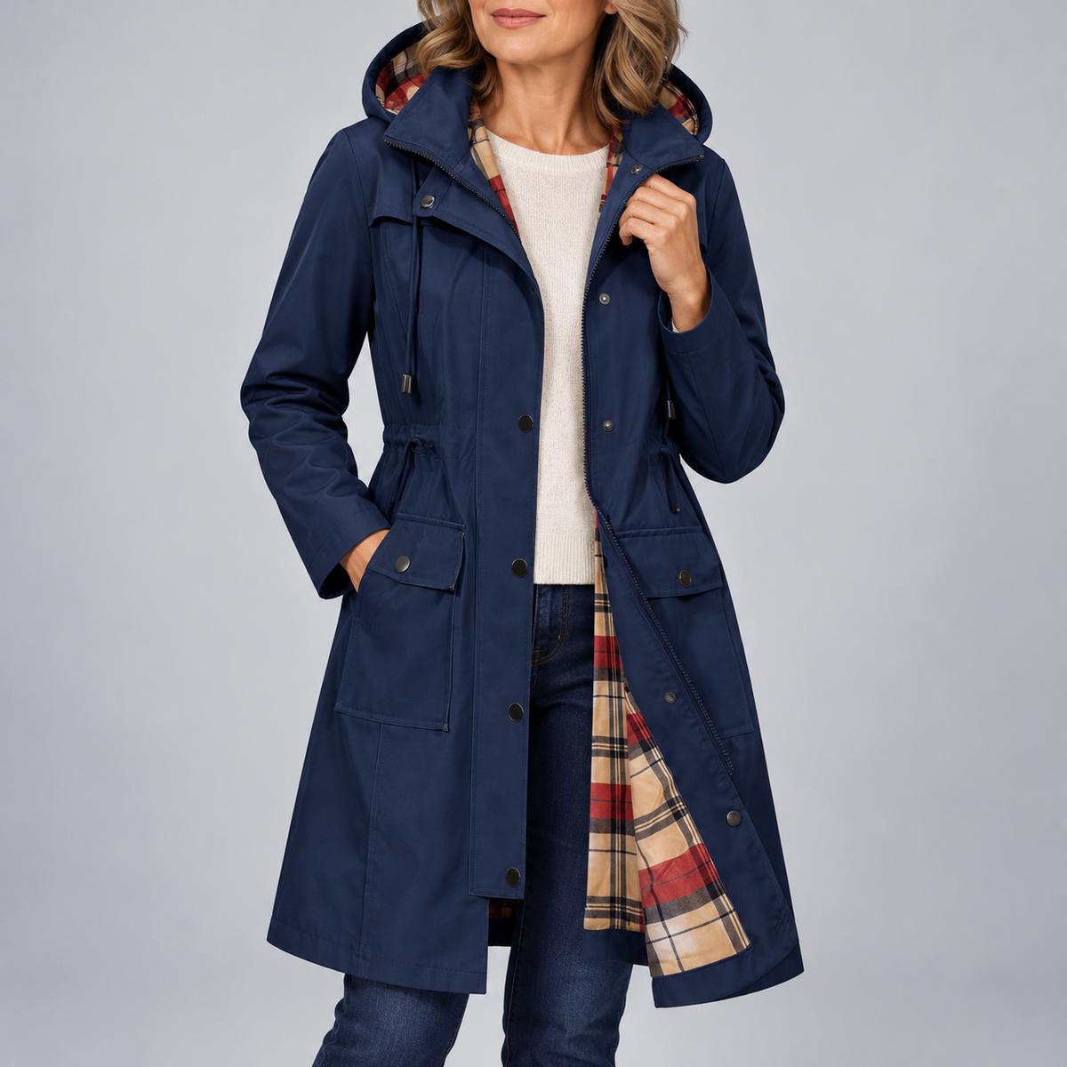 Women's hooded coat with check lining and waist drawcord