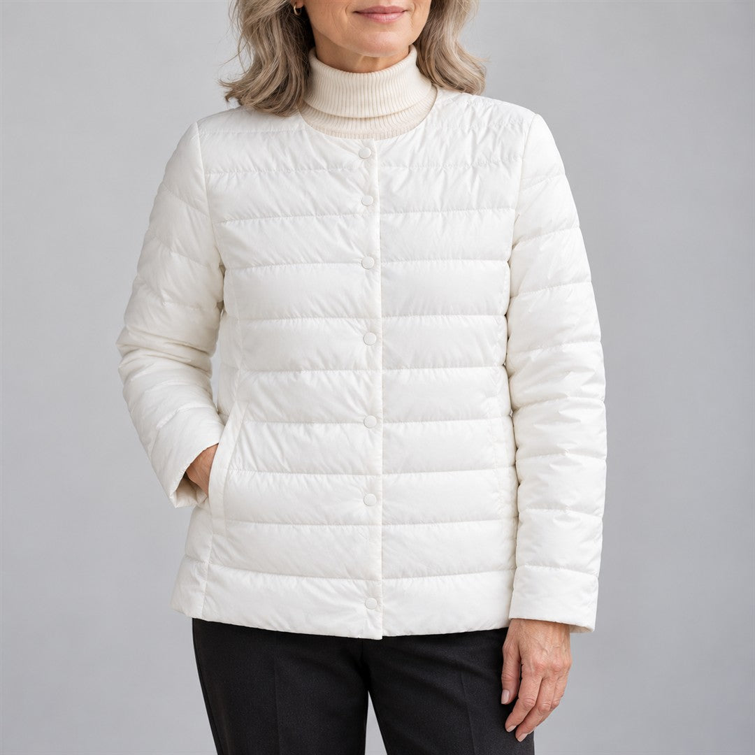 Women's Collarless Quilted Jacket - Snap-Front Outerwear worn by an older model against a light grey background