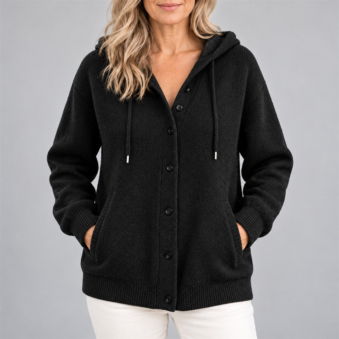 Women's Hooded Cardigan - Button-Front Knit Layer worn by an older model against a light grey background
