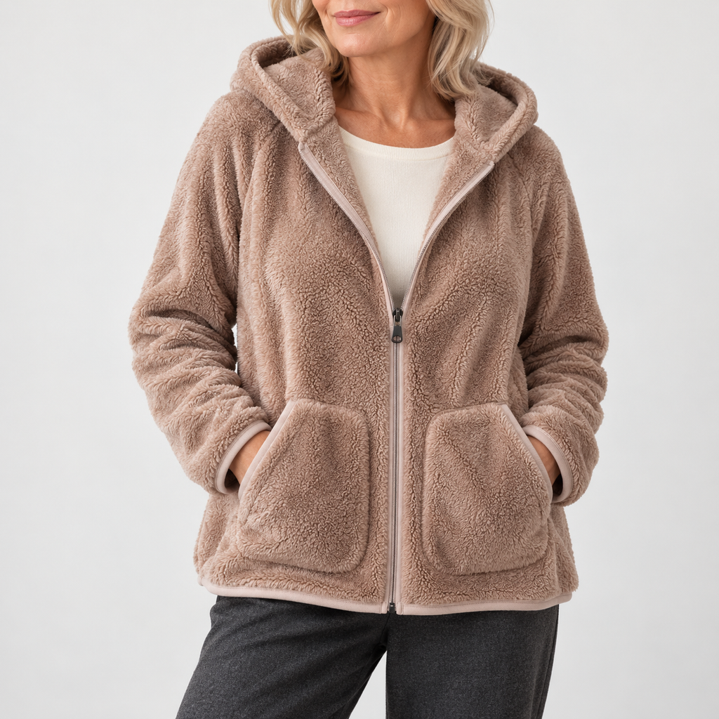 Women's hooded teddy jacket with zip front
